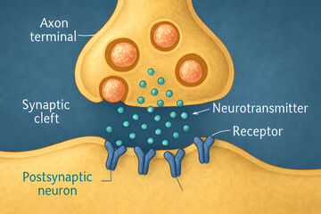 Synaptic Transmission: A vibrant and clear illustration of a synapse, highlighting the intricate process of neuronal communication.