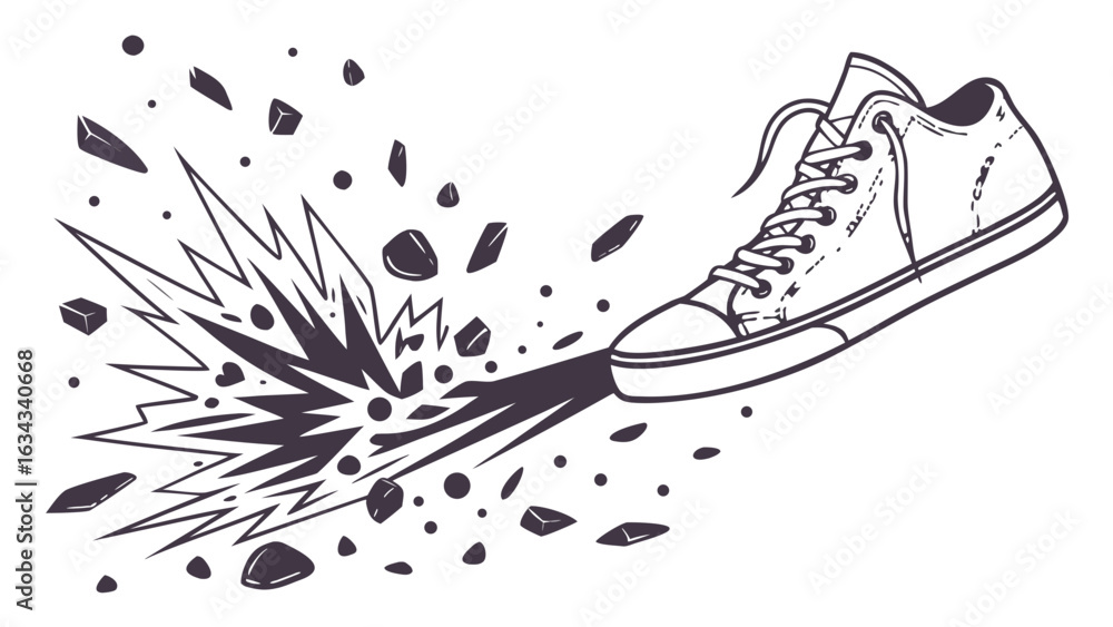 Poster a shoe kicking up dust and debris with a burst effect in a black and white line drawing style image 