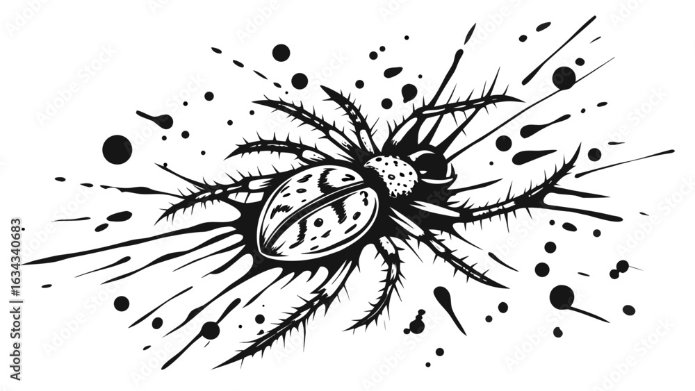 Poster detailed black and white illustration of a spider with ink splatter background design element create