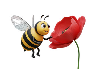 Isolated Smiling Cartoon Bee Near Red Poppy
