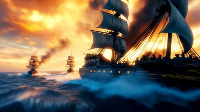 Epic naval battle with historic sailing ships at sunset, cannons firing with smoke and fire against a dramatic orange sky. An adventurous scene of war on the high ocean waves.