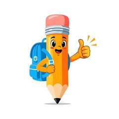 Cute Cartoon School Pencil happy smiling showing thumbs up with a backpack isolated on White Background