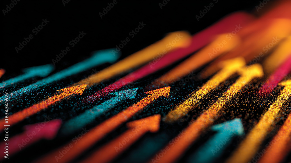 Poster colorful arrows pointing upward on black background symbolize growth and progress, with dynamic and 