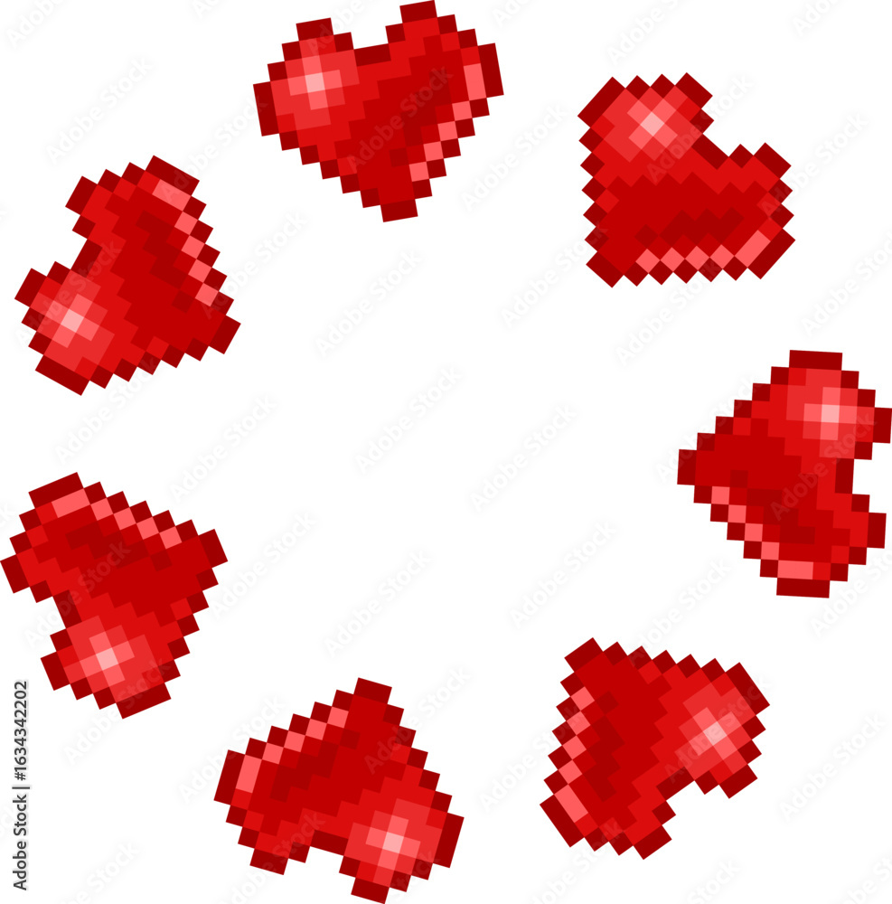 Poster bright red pixel hearts arranged in a circular shape on a white background. perfect for retro design