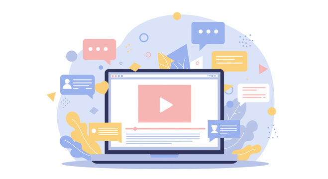 Illustrative vector of laptop with video player and chat bubbles concept design