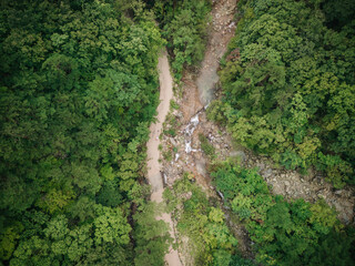 Aerial view of a dirt path winding through a lush, forested ravine with a small waterfall.