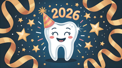 A friendly tooth character, wearing a striped party hat and beaming a happy smile, celebrates the new year 2026 with golden ribbons and sparkling stars