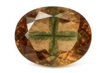 Fototapeta premium Translucent andalusite gemstone displaying green cross-shaped inclusion, showcasing natural crystal structure against clean background