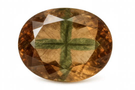 Translucent andalusite gemstone displaying green cross-shaped inclusion, showcasing natural crystal structure against clean background