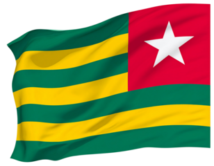 Diagonal Crop of Togo Flag in Motion, Star Emblem and Yellow-Green Stripes Visible, PNG Cutout