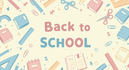 Back to school background with colorful doodle school supplies illustration