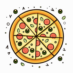 Illustration of a Delicious Pizza Pie with Pepperoni, Olives, and a Golden Crust Design