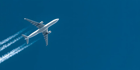 Obraz premium Airplane flying at high altitude with bright sunlight and a vibrant blue sky, creating beautiful contrails