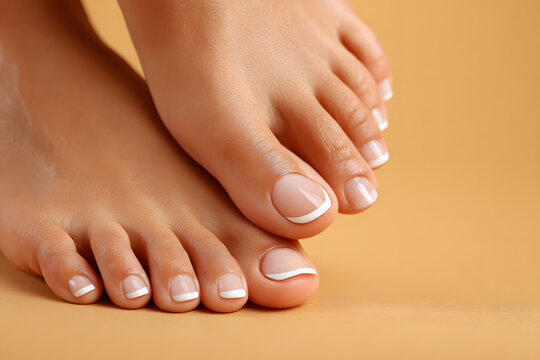 Well-groomed feet with a French pedicure rest on a smooth surface, highlighting elegance and attention to detail