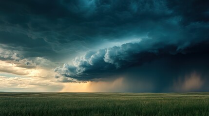 Dramatic Storm Clouds over Serene Prairie: A Breathtaking Sunset Showdown