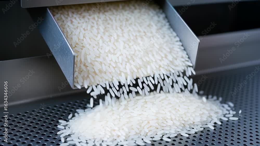 Poster rice grain production in modern mill flows through metal chute with control and indicator lights ens