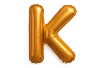 Inflated golden foil balloon letter k isolated on transparent background