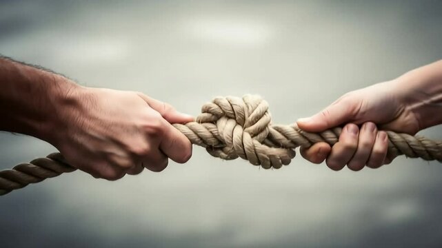 Two hands, one male and one female, pull on a knotted rope, symbolizing a challenging struggle or a strong connection.