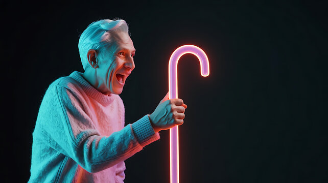 Elderly person, vibrant neon cane, expressive protest.
