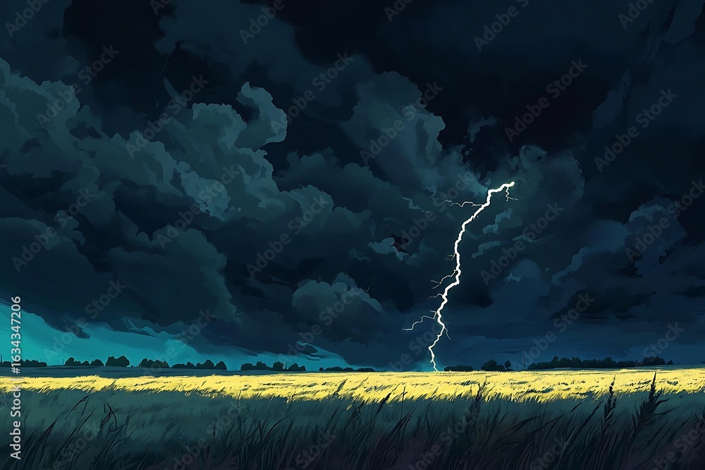 Poster angry thunderstorm with a sharp lightning bolt hitting an open field under a swirling black sky