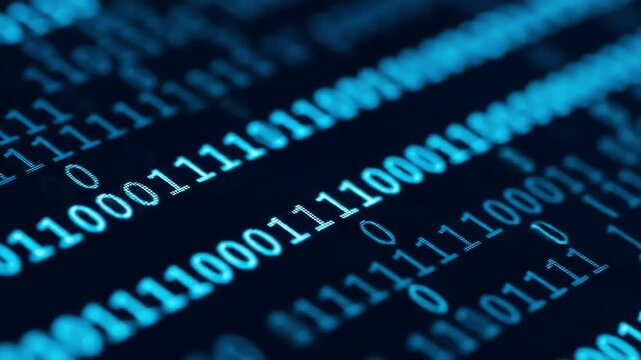 Vibrant blue binary code streams across a dark screen, symbolizing digital information and advanced technology.
