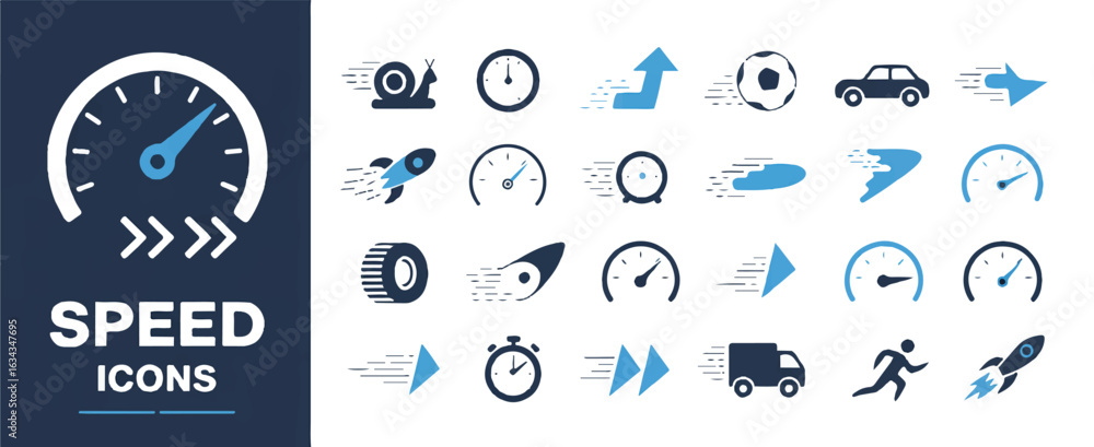 Poster a set of 25 minimalist speed and motion icons arranged in a grid format against a white background.