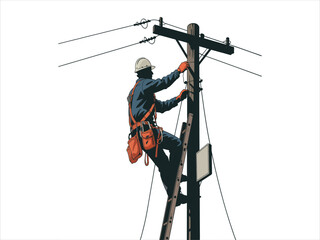 Professional lineman on a ladder repairing high voltage power lines on a wooden utility pole. Isolated industrial vector illustration.