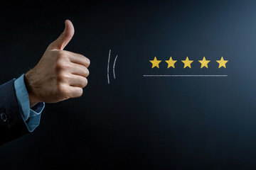 Businessman giving a thumbs up for an excellent five star rating illustrated on a blackboard, symbolizing positive feedback and high customer satisfaction in the business world