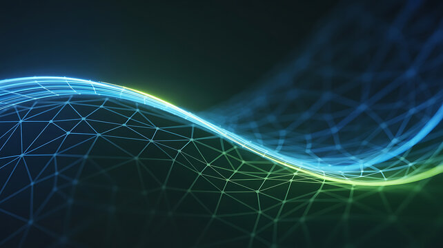 Abstract digital wave, teal and lime green lines, connected points.
