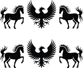 Elegant rearing horse and majestic phoenix silhouettes, mythical creatures, tribal tattoo designs, fantasy animal vector art, wild nature symbols, graphic icons, clipart set, and decals