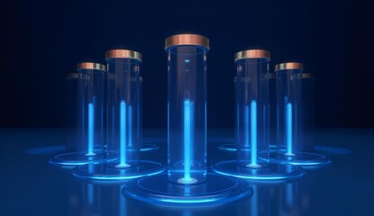 Illuminated cylindrical tubes with glowing blue light, arranged in a futuristic setting.