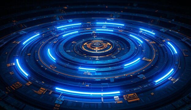 Circular futuristic interface with glowing blue lights and intricate patterns - Powered by Adobe