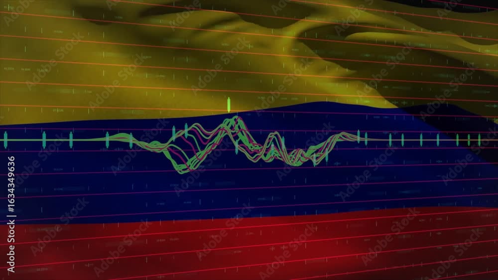 Aufkleber faint multicolored waveform appearing shifting right over waving colombian flag showing amplitude