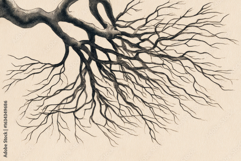 Poster chaotic black roots spread across calm cream background, creating abstract organic pattern with intr