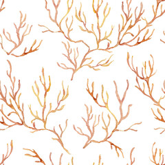 Watercolor pink and orange coral branch seamless pattern. Underwater plant illustration isolated on white background. For design, prints, fabric or background.