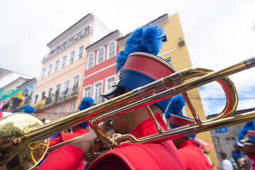 A student group is seen playing musical instruments during a celebration honoring Bahia...
