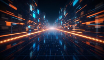 Futuristic Cityscape with Neon Lights and Grid Pathway