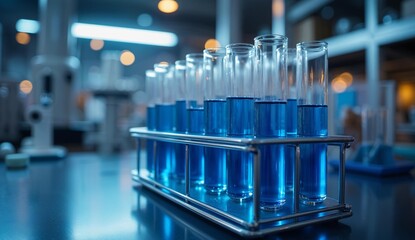 Test tubes filled with blue liquid arranged in a laboratory setting