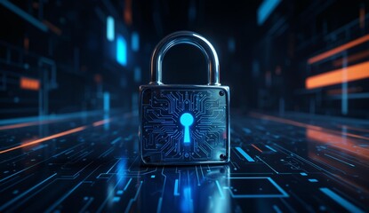 Digital padlock with circuit design on a futuristic tech background