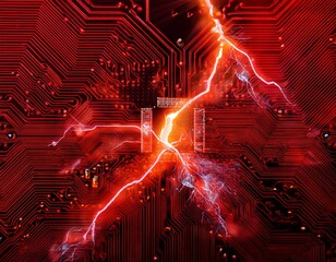 glowing red circuit board with cracked lightning like design symbolizes overheating or malfunction in electronic components