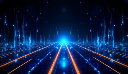 Futuristic digital pathway with glowing blue and orange lines converging into a bright light horizon