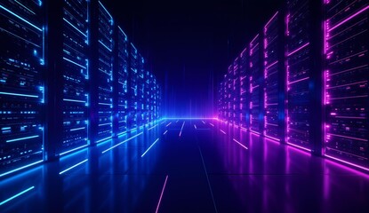 Fototapeta premium Neon-Lit Server Room with Symmetrical Blue and Pink Lighting