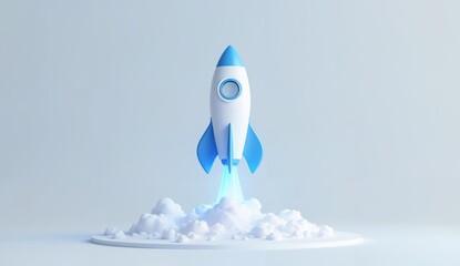 A blue and white rocket launching upwards through clouds against a light background