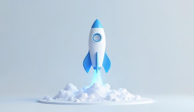 A blue and white rocket launching upwards through clouds against a light background