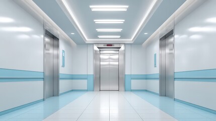 A modern, sleek elevator hallway featuring bright lighting and clean lines, conveying a sense of professionalism and innovation.