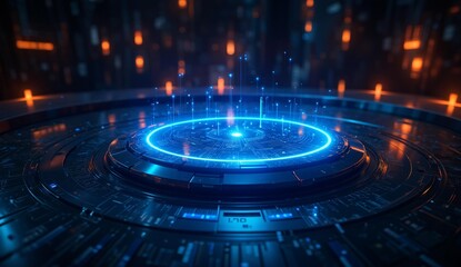 Futuristic Circular Interface with Blue and Orange Lighting in a High-Tech Environment