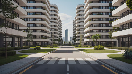 Modern apartment buildings line a wide street. Urban landscape. Peaceful residential area.
