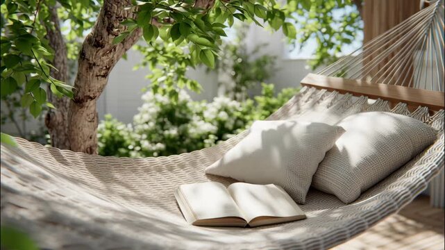 Cozy and Comfortable Photorealistic Shot of a Relaxing Hammock with Cushions and Book in a Tranquil Green Setting