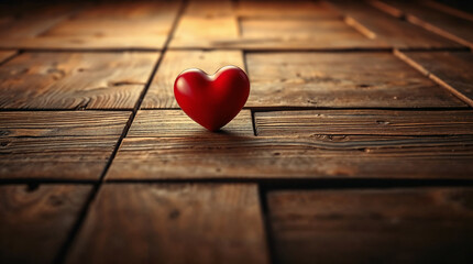 Fototapeta premium A vibrant red heart, a symbol of love and romance, rests on a rustic wooden background, perfect for a vintage Valentine's Day celebration
