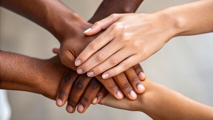 Hands of diverse individuals united in a gesture of support and collaboration, symbolizing unity and teamwork.